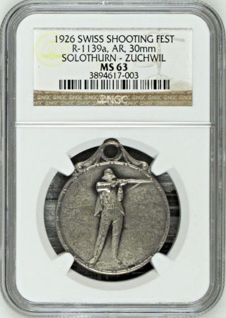 Rare Swiss 1926 Silver Medal Shooting Fest Solothurn Zuchwil R - 1139a Ngc Ms 63