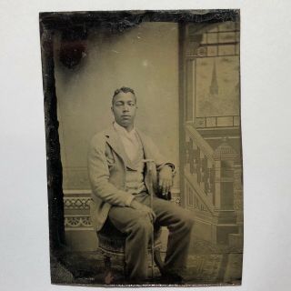 Rare Blind African American Gentleman,  Cane - Medical Oddity Tintype