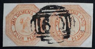Rare 1853 Tasmania Australia Rejoined Pair 4d Orange Imperf Courier Stamp