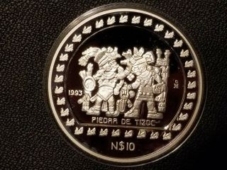1993 Mexico N$10 Pesos Piedra De Tizoc Silver Proof Key Date 1000 Minted Rare