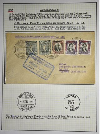 Chile To Bolivia 1930 Rare Aeropstale Arica - La Paz Ffc Airmail Cover,  Ex Nutley