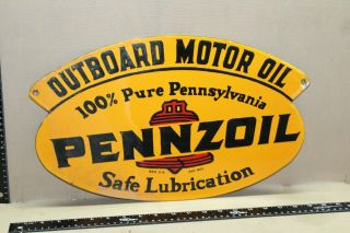 Rare Pennzoil Outboard Motor Oil 2 - Sided Porcelain Metal Dealer Sign Marine Gas
