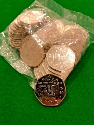 Rare Peter Pan Uk 50p X 50 Coins 1 Bag " Wendy/nana " Iom Uk