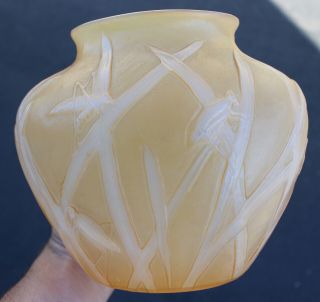 Rare Antique Consolidated Glass Vase Cream Yellow Grasshopper On Leaves Art Deco