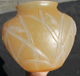 Rare Antique Consolidated Glass Vase Cream Yellow Grasshopper On Leaves Art Deco 3