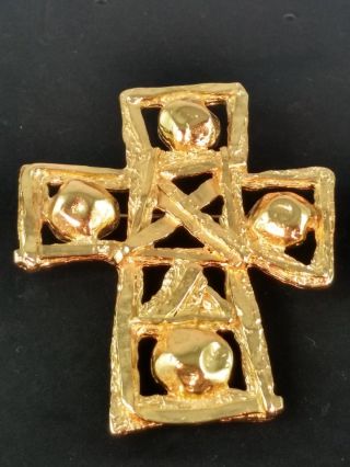 Vintage Rare Christian Lacroix Paris Gold Toned Cross Pin Brooch Signed