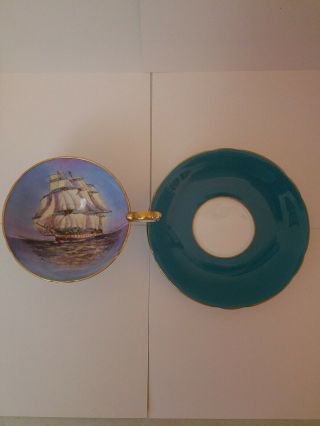 Rare Vintage Aynsley Teacup Saucer Bone China Ship Galleon Clipper Blue