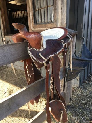 Rare 16” Western Parade Saddle Brown Leather W/white Detail,  Stirrup Covers