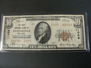 1929 Rare National Currency Bank Note Woodridge Ny Charter 11059 $10 Bill Money