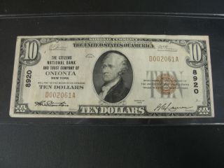 1929 Rare National Currency Bank Note Oneonta Ny Charter 8920 $10 Bill Money