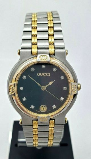 Gucci 9000m Date Swiss Watch Stainless Steel & Yellow Gold Rare Diamond Dial