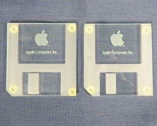Two Apple Computer Inc Glass Floppy Disk Coasters Rare Mac Collectors Item