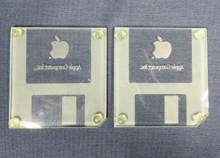 TWO APPLE COMPUTER INC GLASS FLOPPY DISK COASTERS RARE MAC COLLECTORS ITEM 2
