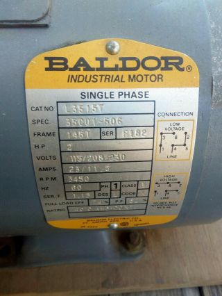 Baldor 2 HP 3450 TEFC Single Phase Motor From Delta Rockwell Jointer - Rarely 2