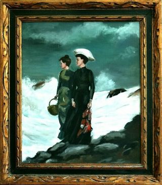 Rare Ca.  1915 Ladies Watching The Waves Seascape Painting Oil/canvas/frame Signed