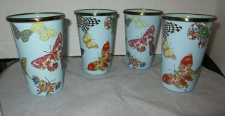 Mackenzie Childs Sky Blue Butterfly Garden Set Of 4 Tumblers Glasses Euc Rare