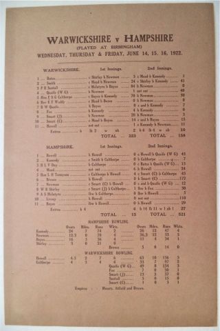 Hampshire Historic 1922 Victory V Warwickshire After 15 All Out Rare Scorecard
