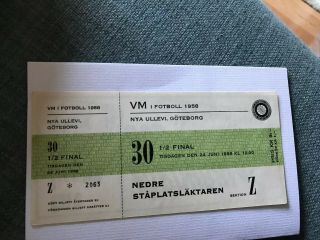 Rare Complete World Cup 1958 Sweden V West Germany Ticket Semi Final Match