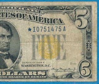 $5.  00 1934 - A Rare Star North Africa Yellow Seal Silver Certificate