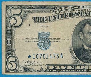 $5.  00 1934 - A RARE STAR NORTH AFRICA YELLOW SEAL SILVER CERTIFICATE 2