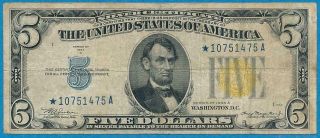 $5.  00 1934 - A RARE STAR NORTH AFRICA YELLOW SEAL SILVER CERTIFICATE 3
