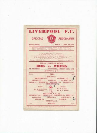 1949 Liverpool: Reds V Whites (rare Single Sheet)