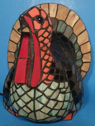Rare Tiffany Style Stained Glass Turkey Lamp Thanksgiving Fall Deco