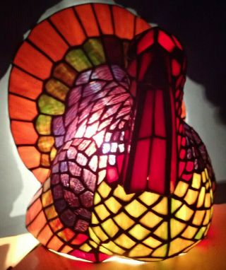 Rare Tiffany Style Stained Glass Turkey Lamp Thanksgiving Fall Deco 2