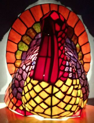 Rare Tiffany Style Stained Glass Turkey Lamp Thanksgiving Fall Deco 3