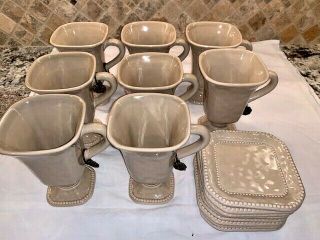 Set Of 8 Rare Gracious Goods Ceramic Mugs With Saucer In Taupe 6 " Tall
